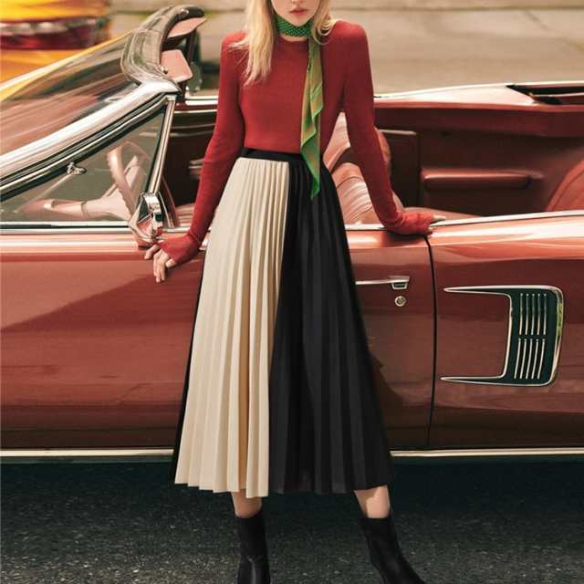 レディース ボトムス スカート ワイド プリーツ バイカラー 切り替え 女性用 ロング丈 ハイウエスト 個性的 クラシカル 上品 クール 主役級 存在感 抜け感 楽ちん こなれ感 ラフ カジュアル 韓