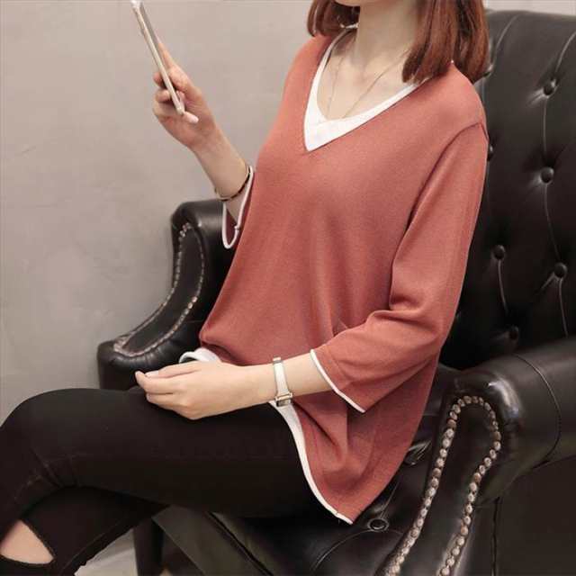 トップス レディース ニット セーター ニットソー 3カラー XL 2XL 3XL レッド ブラック ブラウン バイカラー 7分袖 薄手レイヤード風 デザイン 体型カバー リラクシー シンプル きれい