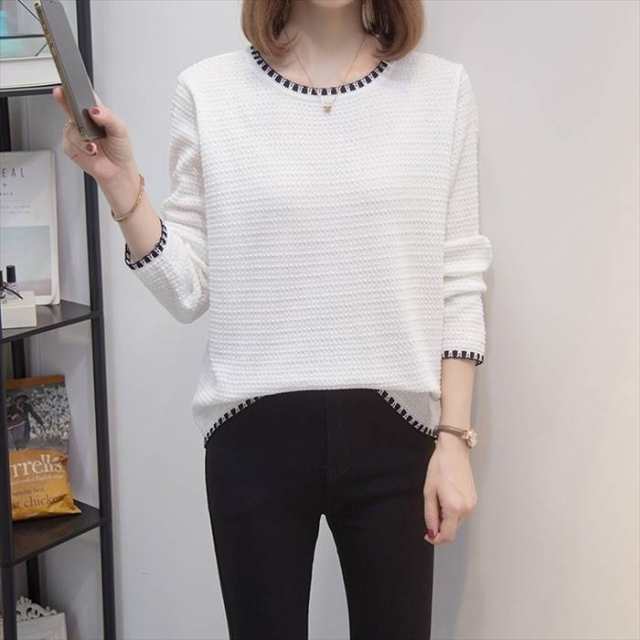 トップス レディース 2カラー XL 2XL 3XL 4XL ホワイト ブラック モノトーンカラー ニット セーター ラウンドネック 長袖 プルオーバー デザイン シンメトリー ルーズ ゆったり 体型