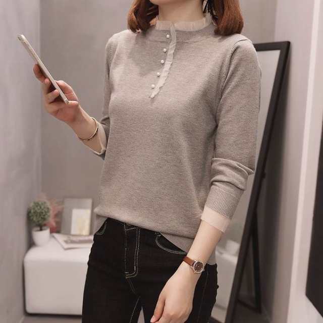 トップス レディース 2カラー L XL 2XL 3XL ブラック グレー モノトーンカラー 長袖 ニット セーター ニットソー プルオーバー プチハイネック スタンドカラー パール シアー フリルト