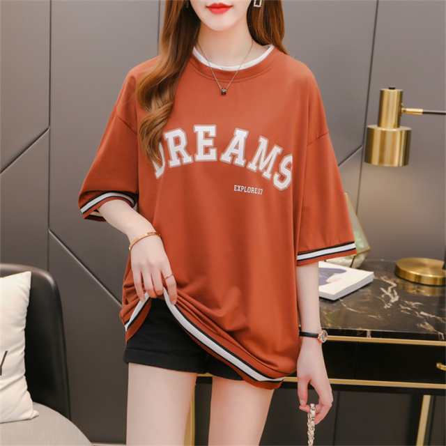 Tシャツ プルオーバー カットソー レディース 半袖 半そで 大きいサイズ ゆったり 夏 クルーネック ロゴ プリント 配色 半袖tシャツTシャツ プルオーバー カットソー レトップス Tシャツ カッ