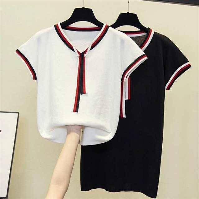 トップス レディース 2カラー XL 2XL 3XL 4XL ブラック ホワイト 半袖 薄手 サマーニット Tシャツ ニット セーター プルオーバー 伸縮性 パール デザイン 体型カバー シンプル き