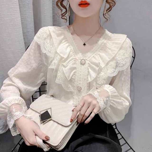 フリルブラウス レディース 秋 レースブラウス 白 Vネック 長袖 春 ブラウス レトロ 姫系 フリル トップス おしゃれ 長袖ブラウス ベージュ ホワイト オフィス ロイヤル風 シャツ ゴージャス 