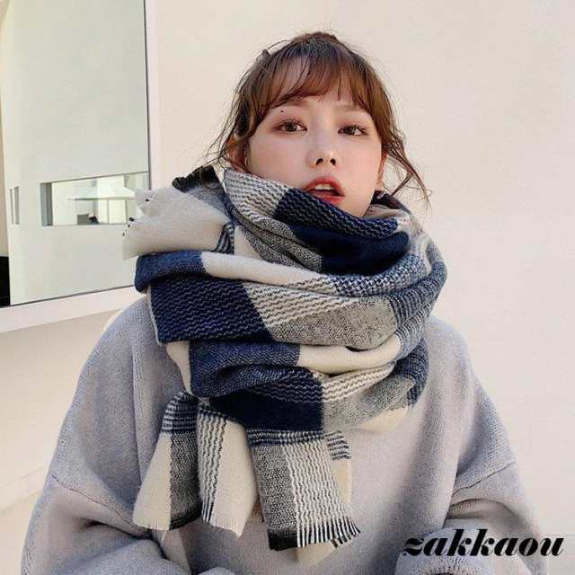 ■商品名マラー レディース チェック柄 無地 秋 冬 40代 かわいい ロング ボリューム ロングマラー お揃いコーデ クリスマス リンジ 20代 30代 50代■サイズワンサイズ■カラーブルー■実寸