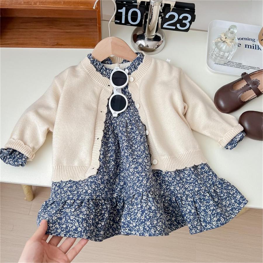ガールズ 2点セッ ワピース+カーディガ セーターワピース 子供服 ドス 1-6歳 女の子 キッズ ニッ リセス 丸襟 長袖 花柄 可愛い 秋冬 洋服【良い素材】90%綿で柔らかくて肌触りがよく、通気
